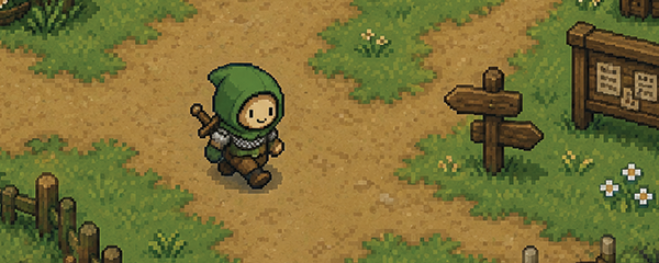 A top-down pixel-art village scene: a hooded hero on a dirt path with a wooden fence and a signpost.