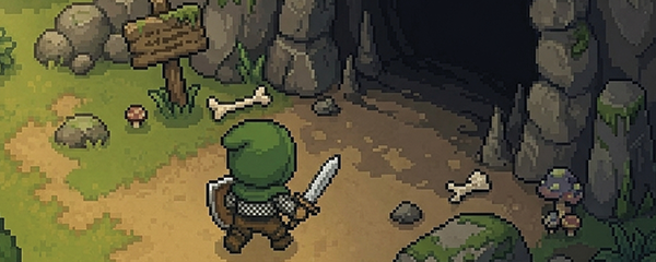 A top-down pixel-art scene: a hooded hero with a drawn sword at the dark mouth of a dungeon cave, with scattered bones, rocks, and a lurking green enemy.