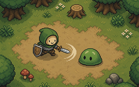 A top-down pixel-art mini-game: a hooded hero swings a sword at a green slime in a grassy clearing ringed by trees.