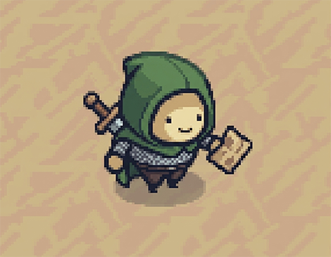 Pixel-art adventurer in a green hood, carrying a sword and a map.