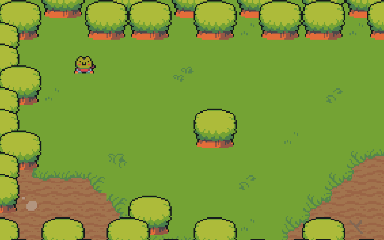 Animated preview of the Week 2 mini-game: a hero exploring a decorated forest clearing with a painted floor and a planted tree border, stopped by the now-solid trees.