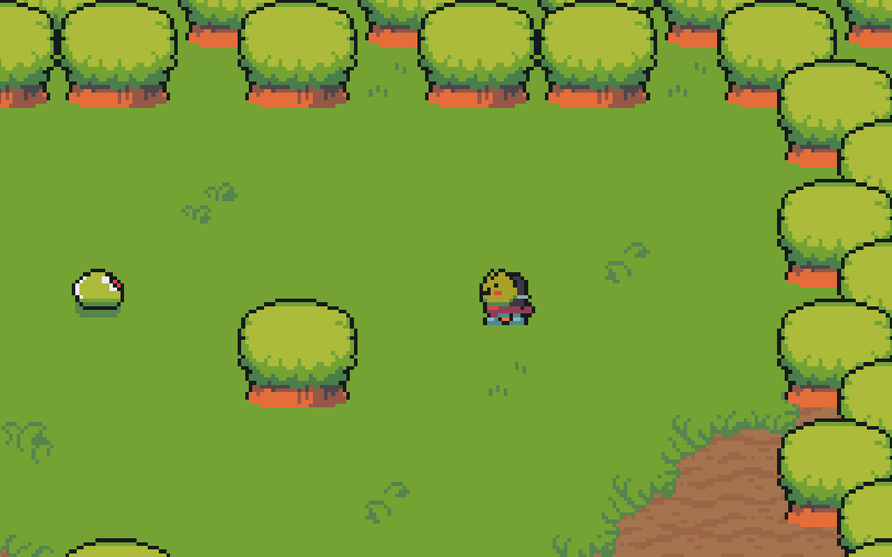 Animated preview of the Week 3 mini-game: a hero swinging a sword to bop a slime that paces around the forest clearing.