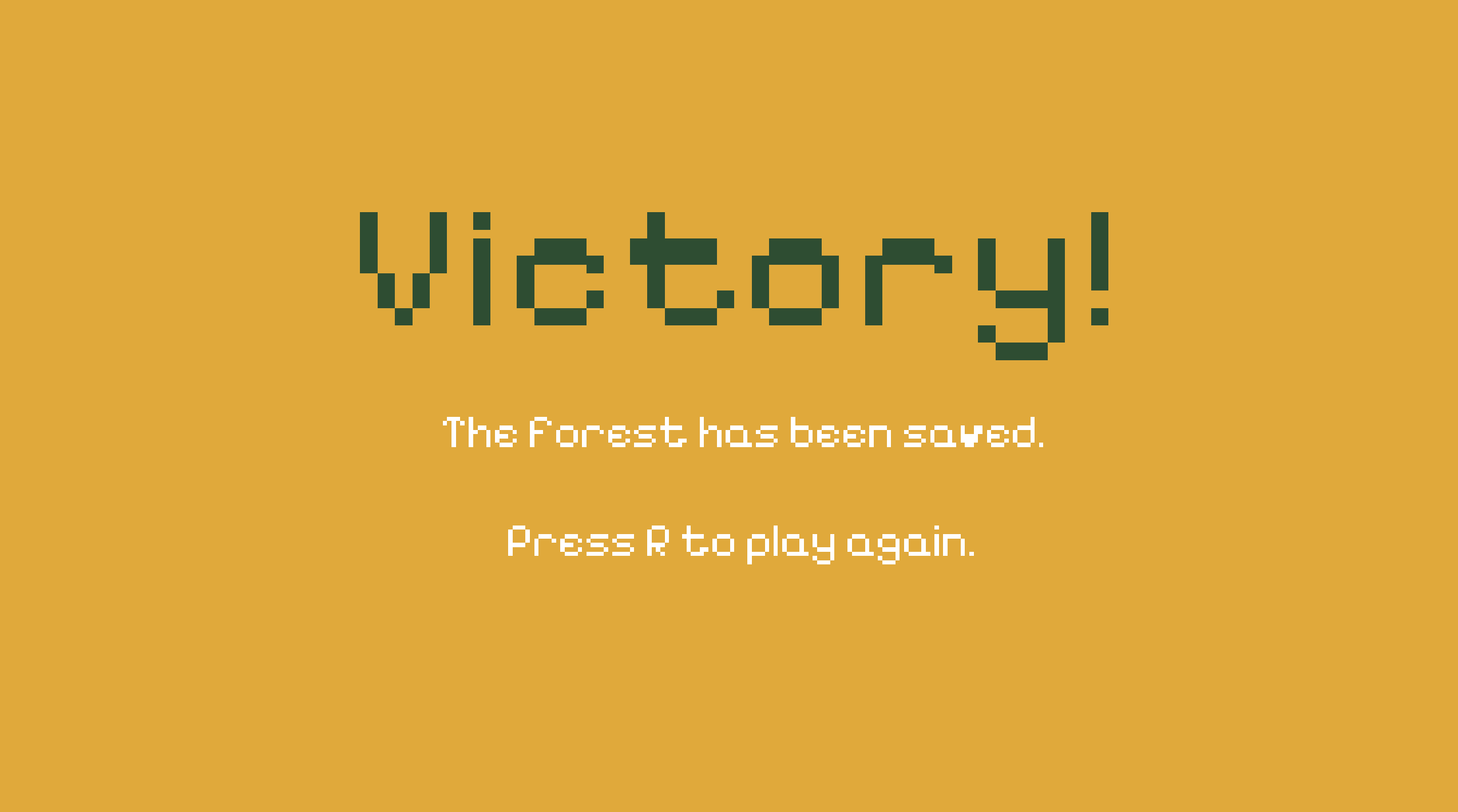 The game's victory screen: "Victory!" with "The forest has been saved" on a gold background.